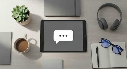 Tablet with speech bubble icon on desk