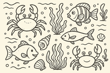Artistic underwater sketch featuring diverse sea creatures such as playful crabs, tropical fish, shellfish, and ocean plants in a detailed vector cartoon style with transparent background