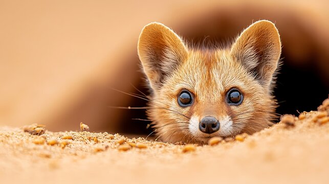 Adorable fennec fox peeking out of sandy burrow