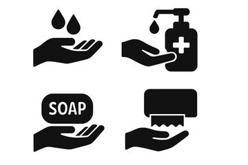 Hand hygiene solid icon set. Hand washing, sanitizer dispenser, soap bar, and paper towel vector icons. Cleanliness, disinfection, and health safety concept illustration.