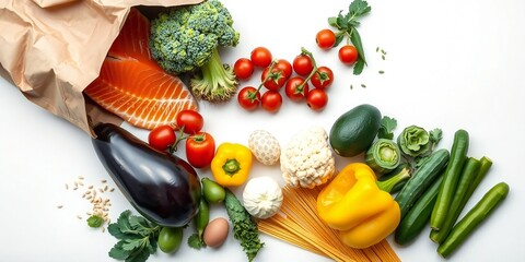 Fresh grocery haul featuring salmon broccoli tomatoes peppers avocado and eggplant