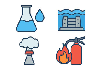 Environmental Management Systems and Technologies for Water Purification, Hydroelectric Power, Steam Generation, and Fire Safety Equipment Illustration, Vector Cartoon Style