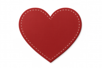 Isolated red fabric heart with charming white stitches on transparent background, ideal for valentine's day and romantic designs