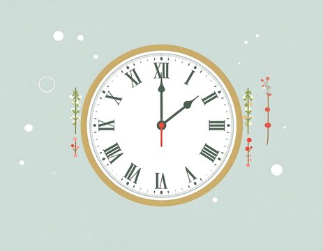 A clock showing almost midnight, surrounded by wintery elements