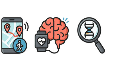 Innovative Health Technology Icons Illustrating Activity Tracking, Brain Health Monitoring, and Genetic Analysis in a Modern Flat Vector Style with Transparent Background