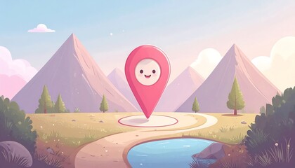 A cheerful pink location marker stands sentinel in a serene landscape, amidst pastel mountains and a tranquil lake.
