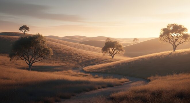 Golden hour light illuminates a winding path through serene rolling hills dotted with scattered trees under a soft, warm sky. - Powered by Adobe