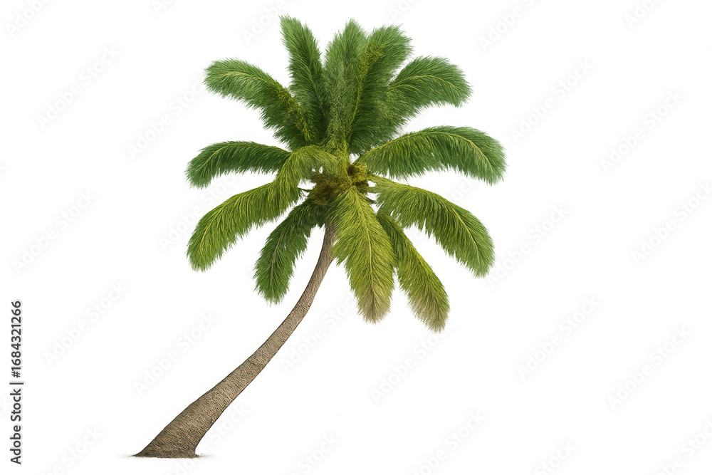 Poster single coconut palm tree with realistic 3d rendering, featuring its signature curved trunk and vibra