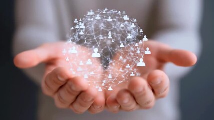 Hands holding a digital globe representing global connectivity and networking, with a blurred background - Powered by Adobe