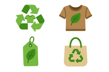 Sustainable Fashion Icons Featuring Recycling Symbols, Eco-Friendly Materials, Organic Clothing Tags, and Reusable Shopping Bags in Modern Vector Cartoon Style with Transparent Background