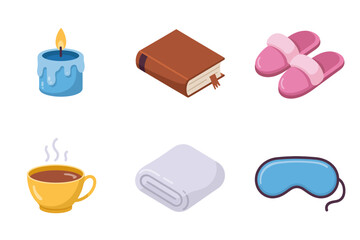 Relaxation and spa icons, candle book slippers tea cup, blanket towel, sleep mask, wellness comfort essentials, home relaxation illustration vector set