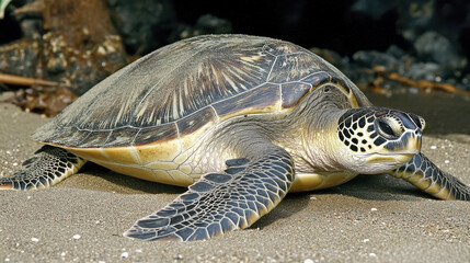 Obraz premium Close up of a green sea turtle resting on a sandy ocean floor