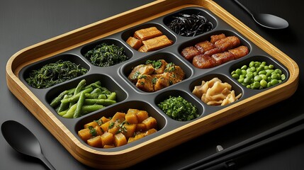 Wooden compartmentalized lunch box with various green vegetables and seaweed, accompanied by black tableware, placed on a dark background, presenting a healthy meal combination.