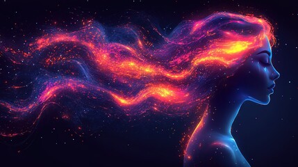 Artistic creation of a woman's side profile with hair like colorful light bands flying in dark starry background