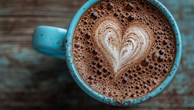 Cozy blue mug filled with rich hot chocolate featuring a beautiful latte art heart design