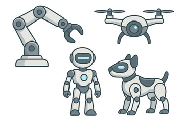 Various robotic and animal figures including futuristic robotic arm, advanced drone with camera, humanoid robot, and robotic dog in modern technology vector cartoon style