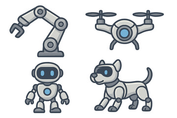 Modern robotic technology vector set. Cartoon style robotic arm, drone, humanoid robot and robotic dog. Futuristic robot designs for technology, AI, automation, and innovation concepts.