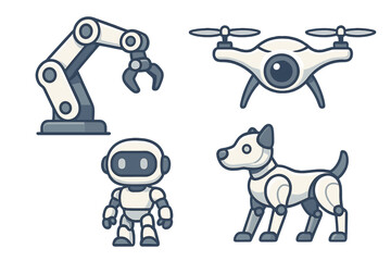 Various robotic figures including robotic arm, drone, robot character, and robot dog in modern vector cartoon style for technology and innovation themes