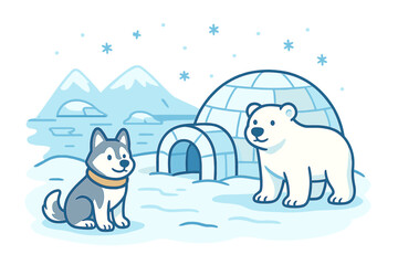 Winter landscape with ice, igloo, polar bear, and husky dog in cold arctic environment, cartoon style vector illustration with snowy mountains and snowflakes, transparent background