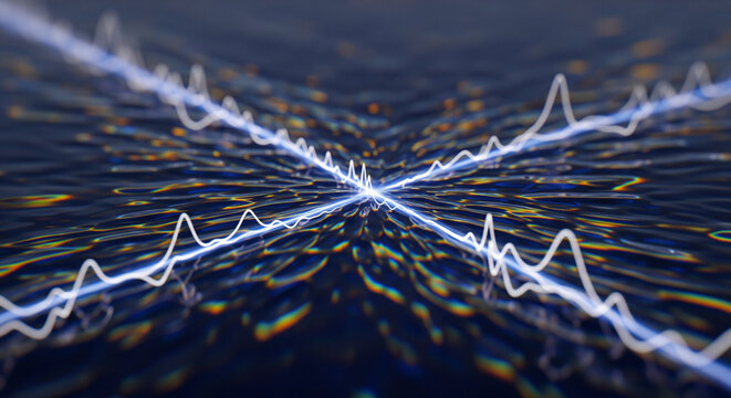 Abstract visualization of digital data streams with glowing symmetrical lines converging into a central point on a dark background