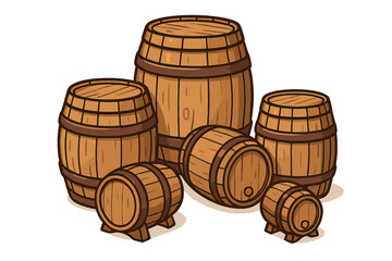 Wooden Barrels Vector Illustration, Various Sizes Rustic Vintage Barrel Set, Craft Fair Display, Cartoon Style Storage Containers for Alcohol, Wine, Beer, and Whiskey
