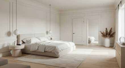 Fototapeta premium Elegant Bedroom Interior with Neutral Tones Modern Design.