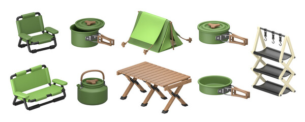 A collection of 3D rendered essential camping and hiking equipment, including a tent, folding chairs, a table, and cookware, isolated on a white background