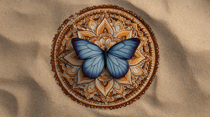 Beautiful butterfly rests on detailed mandala design on shore, creating serene and artistic scene