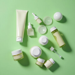 Assorted Skincare Products in Transparent Containers on Green Background