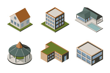 Isometric house set, suburban home variants, modern ranch cottage duplex, rooftop garden, pool, outdoor patio elements, neighborhood illustration assets
