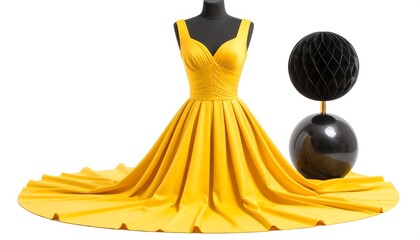 A vibrant yellow gown drapes elegantly over a mannequin, complemented by a striking black decorative sphere.