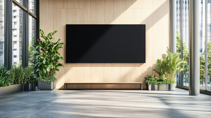 Modern living room with large black screen television and lush green plants
