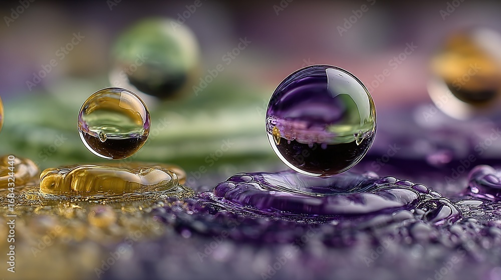 Poster water droplets reflect colors on a textured surface creating abstract patterns.