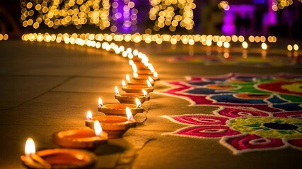 Diwali Night Featuring Glowing Diyas Arranged in Rows with Traditional Rangoli Art and Decorative Lighting Creating a Festive Background