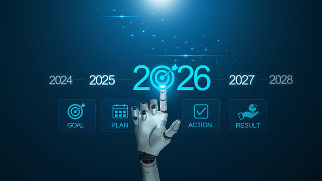 AI robot hand sets 2026 target, highlighting business and life goals with plan, action and result icons on a digital timeline. Perfect for strategy, growth, OKR, KPI, productivity, and transformation.