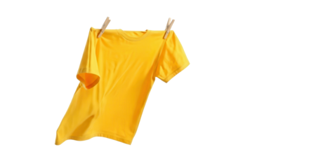 Yellow t-shirt hanging on clothespins for apparel or clothing ads isolated PNG with Transparent Background