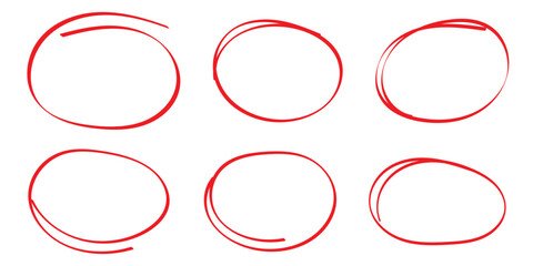 Hand drawn red crayon ovals and circles set. Ellipses in red pencil doodle style. Round freehand shapes, emphasis highlights. Red round rough thin frames. Best Design, Vector illustration. EPS 10