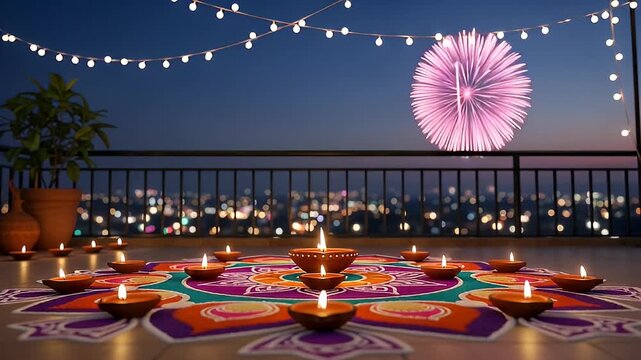 Diwali Night Scene with Rangoli Candles and Fireworks Display on Balcony with City Lights Background at Twilight