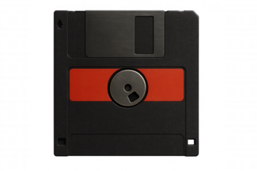 Vintage red-labeled floppy disk showcasing obsolete data storage technology, resting against transparent backdrop