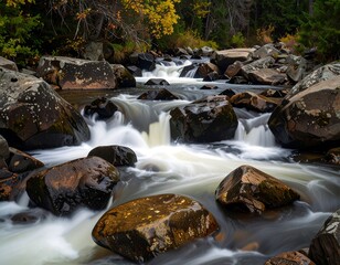 A tranquil mountain stream cascades over smooth, dark rocks, showcasing the flowing water in a beautiful, serene scene.