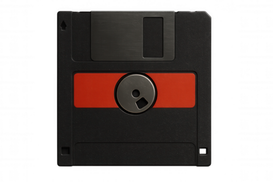 Vintage red-labeled floppy disk showcasing obsolete data storage technology, resting against transparent backdrop