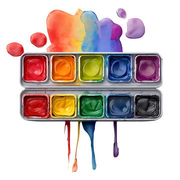 Watercolor paint palette with rainbow colors isolated on transparent background