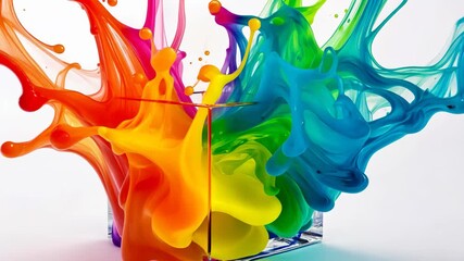 Rainbow Paint Splash Explosion in Glass Cube - Powered by Adobe