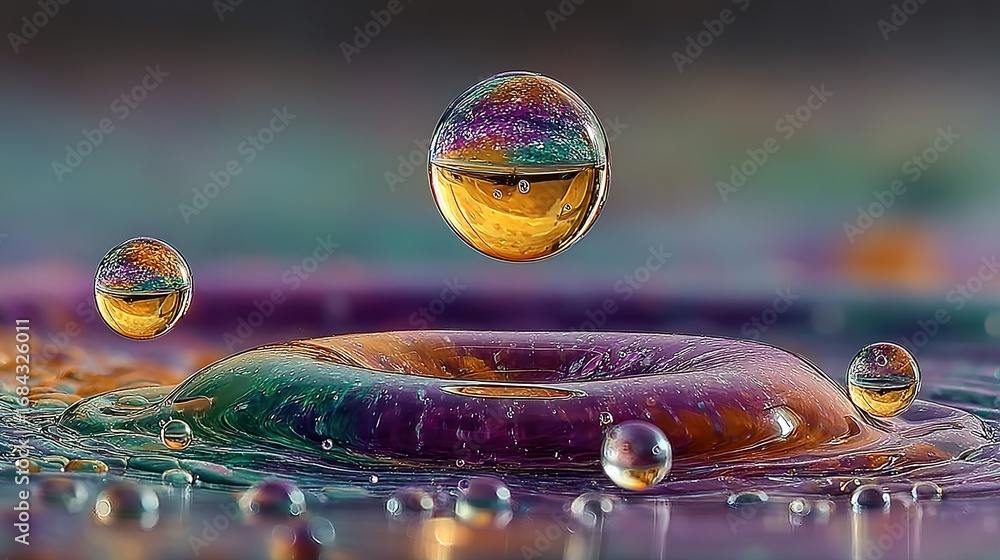 Poster water droplets collide creating a crown splash with rainbow reflection on surface.