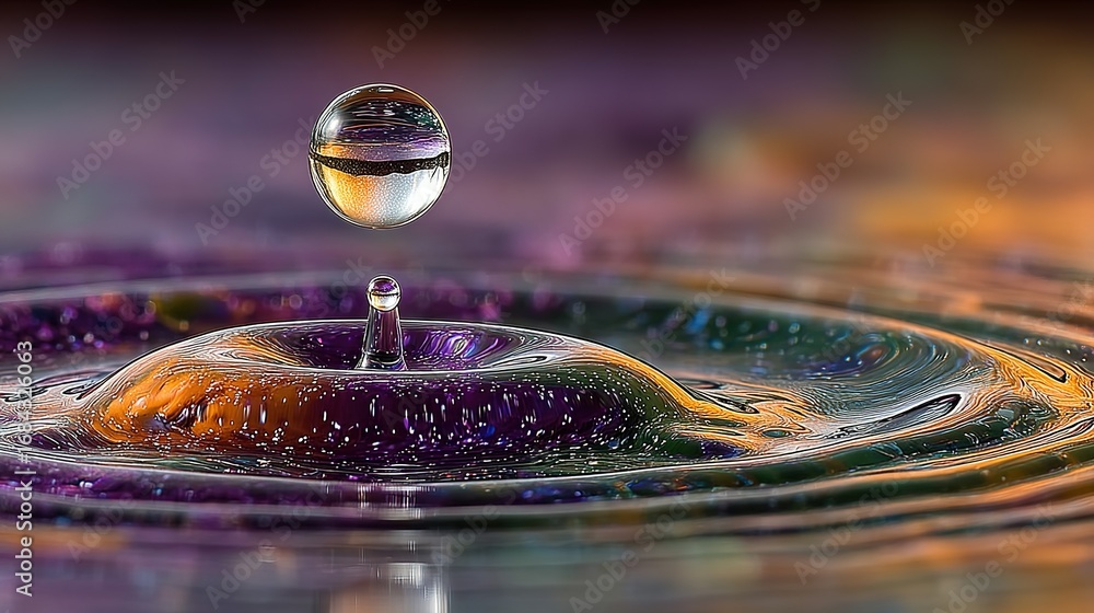 Poster water drop collision creates ripples in a liquid surface with colorful background.