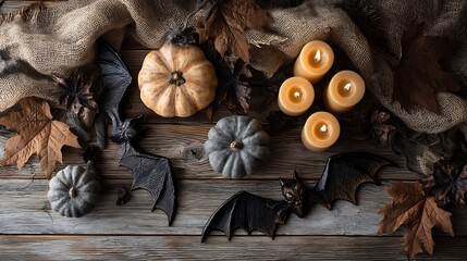 Fototapeta premium Halloween Autumn Decor with Pumpkins Candles and Bat Decorations on Wooden Table
