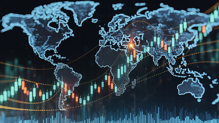 Global financial markets displayed on a digital world map with stock market data charts