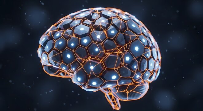 Abstract 3D model of a human brain with glowing nodes. - Powered by Adobe