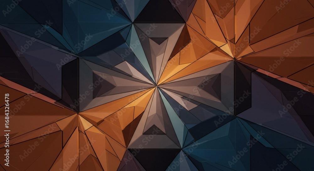 Poster a visually striking, geometric pattern composed of multifaceted, overlapping triangles in a rich pal