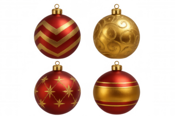 Four christmas ornaments with different red and gold patterns hanging on a transparent background, perfect for holiday projects